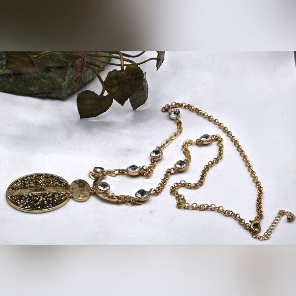 "5/$25" Long Faux Black Drusy Goldtone Rhinestone Station Necklace - Picture 2 of 10